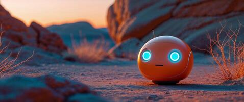 An orange robot sits in the desert with rocks in the background photo