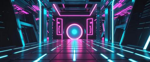 A futuristic tunnel with neon lights and a glowing circle photo