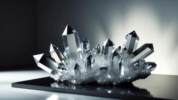 A crystal cluster is sitting on a black surface photo