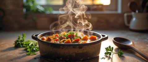 A pot of stew with smoke coming out of it photo