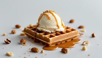 A waffle with ice cream and nuts on top photo