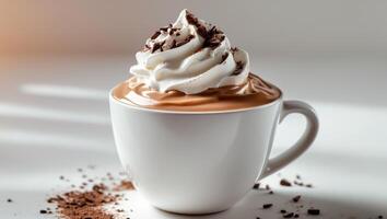 Hot chocolate with whipped cream and chocolate on white background photo