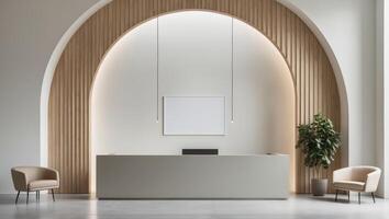 Modern Reception Area With Wooden Archway And Blank Sign photo