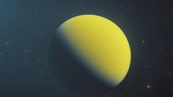 Bright yellow glowing planet in deep space illuminating the surrounding cosmic landscape with a vivid glow. photo