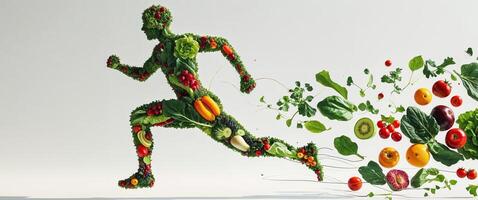 abstract figure in motion composed of fresh produce combining fruits and vegetables in a dynamic running pose photo