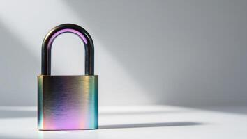 Iridescent metal padlock with smooth surface for privacy and security. photo
