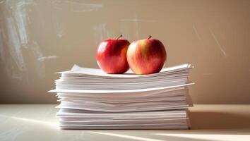 Two red apples on a stack of papers in a classroom with a chalkboard in the background. photo