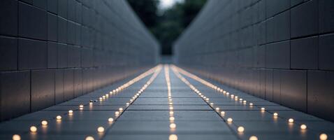 Illuminated pathway with numerous evenly spaced lights on tile surface. photo