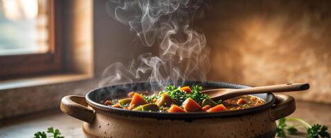A pot of stew with vegetables and herbs on a table photo