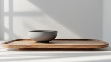 A wooden tray with a cup on it photo