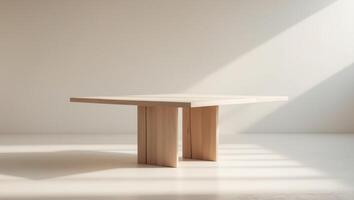 A table with a wooden base and a light beam photo