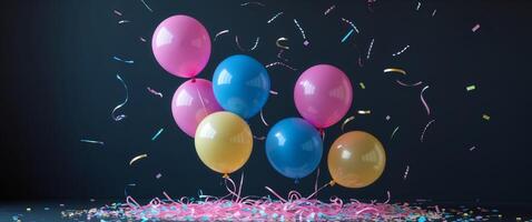 Colorful balloons and confetti on a black background photo