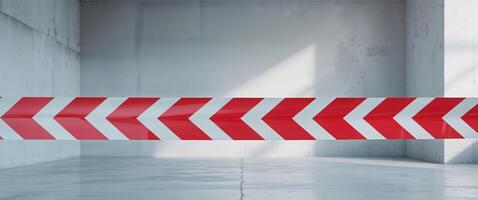 Red and white barrier tape signifying no entry in unsafe areas with clear copy space for warnings. photo