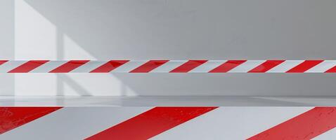 Red and white barrier tape signifying no entry in unsafe areas with clear copy space for warnings photo