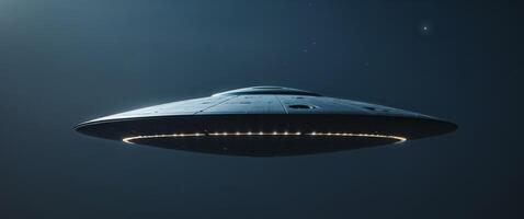A Dark Metallic Flying Saucer With Glowing Lights In Space photo