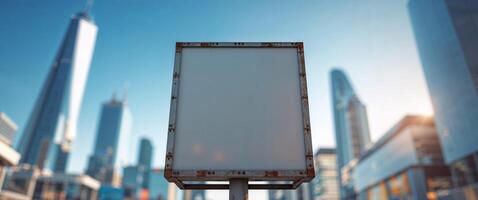 Empty billboard stands prominently on a clear day in an urban setting photo