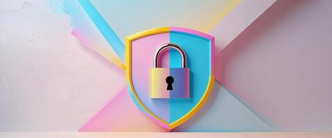 Colorful Digital Shield with Lock Symbol on Abstract Background. photo