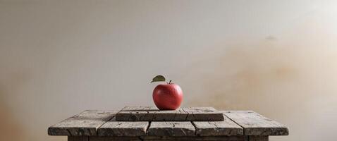 An apple sitting on top of a wooden table photo