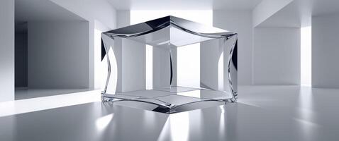 A large glass cube in a room with a light coming from the window photo