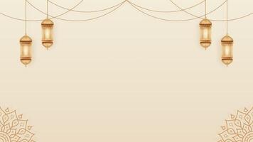 Simple Luxurious Soft Gold Themed Islamic Blank Horizontal Background Design with Mandala Patterns and Hanging Lanterns vector