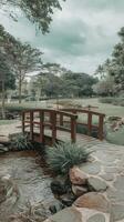 A bridge over a stream in a park photo