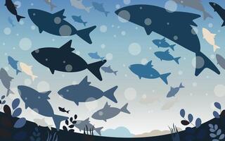 Marine life of different species of fish swimming in deep water, bottom view. vector