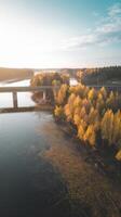 An aerial view of a bridge over a river photo