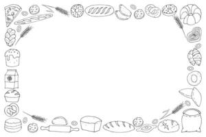 Horizontal frame of hand drawn cartoon style outline drawings of bread, pies and buns. vector
