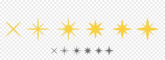 Collection of different sparkling stars symbols in yellow. Twinkle shine star shapes and light burst icons. vector