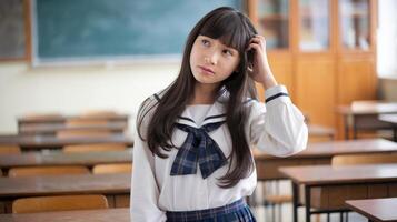 A young girl in school uniform standing in front of a chalkboard photo