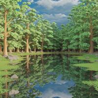 A 3d rendering of a pond surrounded by trees photo