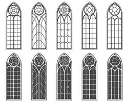 Church windows with stained glass pattern. Cathedral vintage arches. Silhouettes of castle frames. Catholic borders set on white background. decorative architecture elements vector