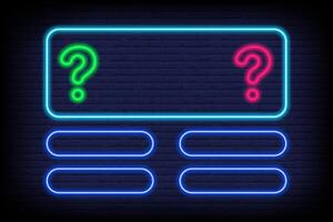 Quiz game neon template for tv show on brick wall background. Frame for question and answers for intellectual competition. banner and trivia led menu. vector