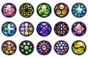 Gothic circle rose window with medieval ornament. Cathedral and castle rosettes on white background. Christian architecture elements with color stained glass. Radial frames set. vector