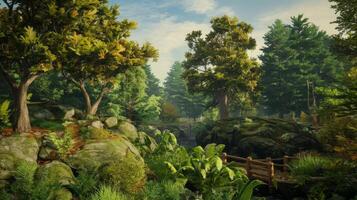 The forest is a beautiful game with lots of trees and rocks photo