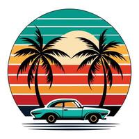 retro car with palm trees and sunset illustration vector