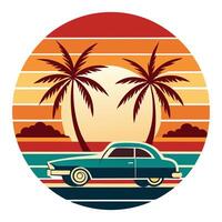 retro car on the beach with palm trees and sunset illustration vector