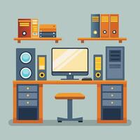 computer desk with speakers and other items vector