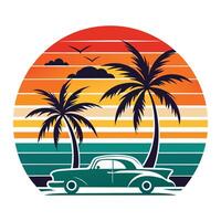 retro car and palm trees on the beach at sunset vector