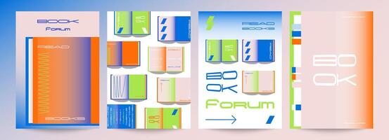 4 funky book posters. Modern style with gradients and bright colors. Suitable for festivals, forums, book clubs, fairs, school events, educational projects, etc. vector