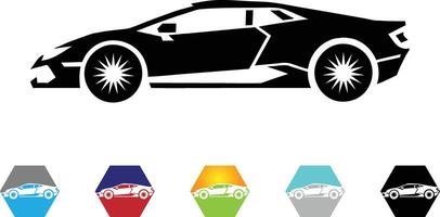 Sleek sports car silhouette, side view, with colorful hexagonal badge icons vector