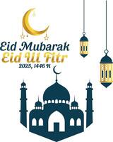 Eid Ul Fitr 2025 Celebration with Mosque, Crescent Moon, and Lanterns vector
