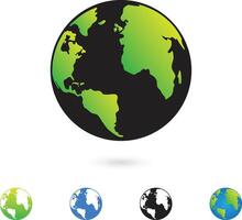 Globe icon with green continents, black oceans, and color variations vector