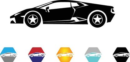 Luxury sports car silhouette, side view, with colorful badge variations vector