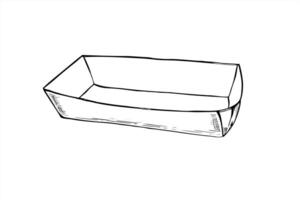 Empty craft small cardboard tray for fruit or fast food, chips and French fries line art black ink sketch. Monochrome disposable container line art etching. Snack package illustration vector