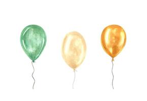 Watercolor green, orange, white helium balloons on string set illustration isolated background. Colorful balloon bunch for birthday and party decor. Patrick day elements for festive design vector