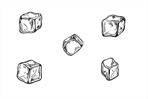 Monochrome single ice cubes with smooth edges set illustration painted by black inks. Etching drawing of frozen juice or water cube for drinks. Food elements for menu, cocktail party