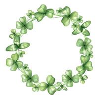Watercolor four leaf and three leaf clover wreath isolated background. Green shamrock leaves round frame with copy space for text. St. Patrick day holiday, lucky symbol. For greeting card vector