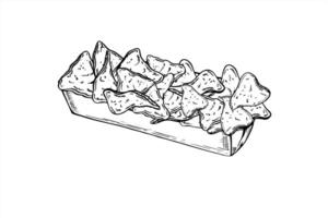 Triangle corn nachos chips in rectangle disposable cardboard tray line art black ink sketch. Monochrome hand drawn crunchy snack in paper package. Fast food illustration for menu design. vector