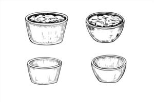 small empty porcelain sauce bowls and with dipping sauces line ink illustration in black and white. Monochrome ceramic pots of different shapes clip art. Side view of blank ramekin set vector